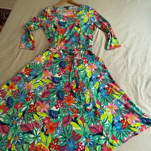 Nina‎ Leonard 3/4 Sleeve Tropical Floral Belted Midi Dress Size S - Picture 10 of 14